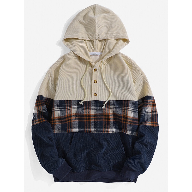 Mens Corduroy Patchwork Plaid Long Sleeve Casual Hoodies With Pocket