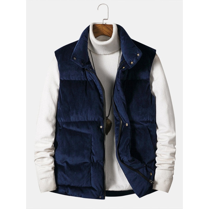 Mens Corduroy Solid Color Zipper Pocket Thicken Warm Padded Gilet