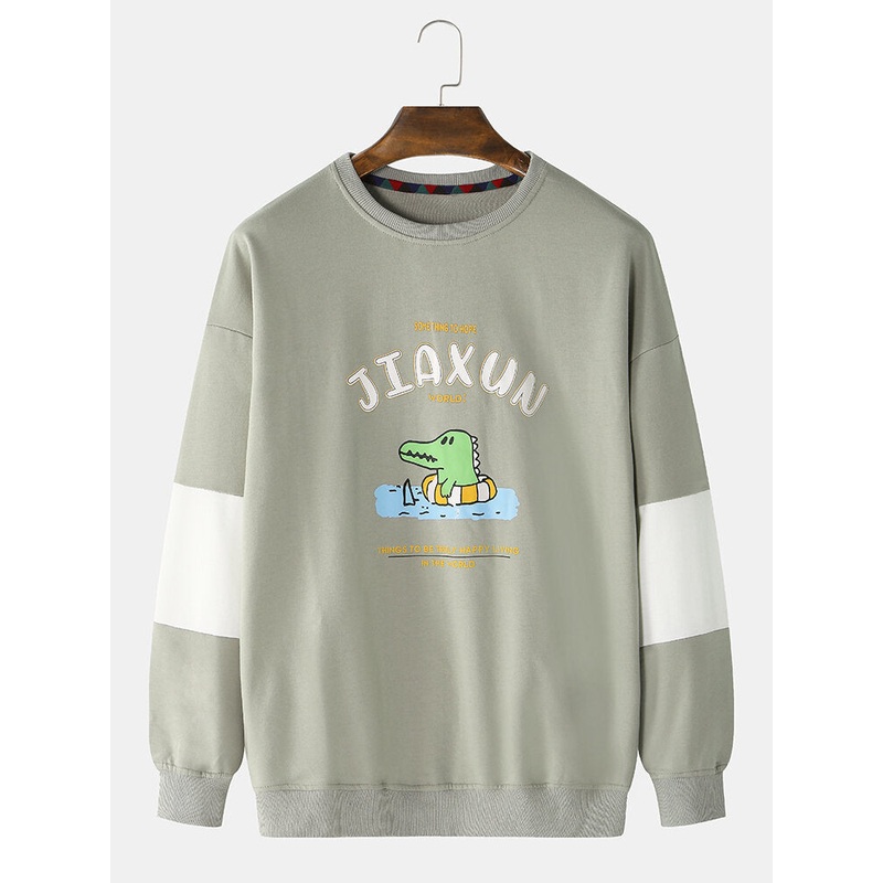 Mens Cotton Letter Cartoon Animal Print Crew Neck Relaxed Fit Drop Sleeves Sweatshirts