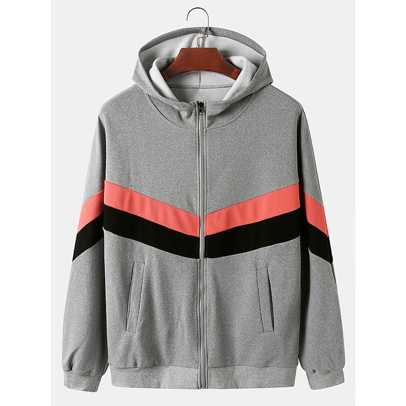Mens Cotton Patchwork Color Block  Zipper Front Casual Loose Hoodies With Pockets