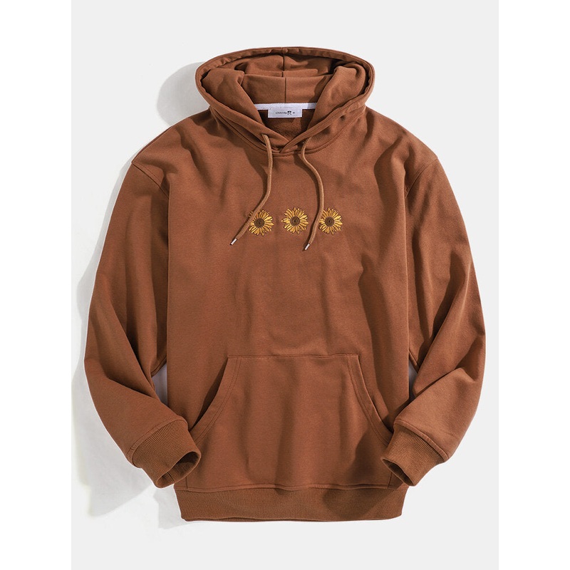 Mens Daisy Embroidery Kangaroo Pocket Casual Drawstring Hoodies
