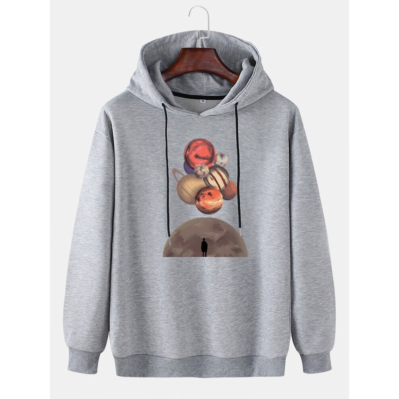 Mens Design Planet Graphics Drop Shoulder Drawstring Hoodies