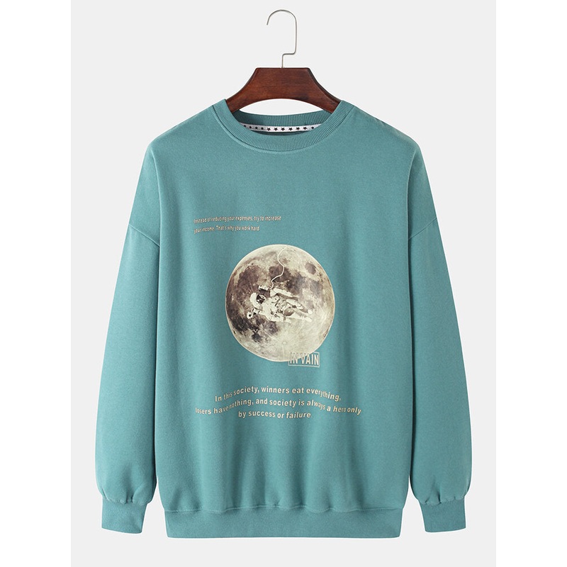Mens Earth Astronaut Pattern Slogan Print Pullover Long Sleeve Cotton Sweatshirts