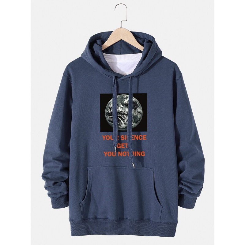 Mens Earth Graphic Slogan Print Cotton Drawstring Hoodies With Pouch Pocket
