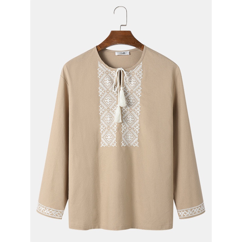 Mens Ethnic Embroidered Ribbon Tie Up Long Sleeve T-Shirts