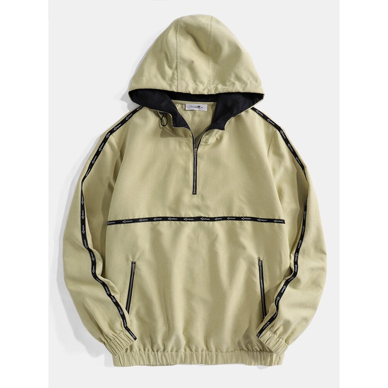 Mens Half Zipper Elastic Hem Casual Sporty Pullover Hoodie
