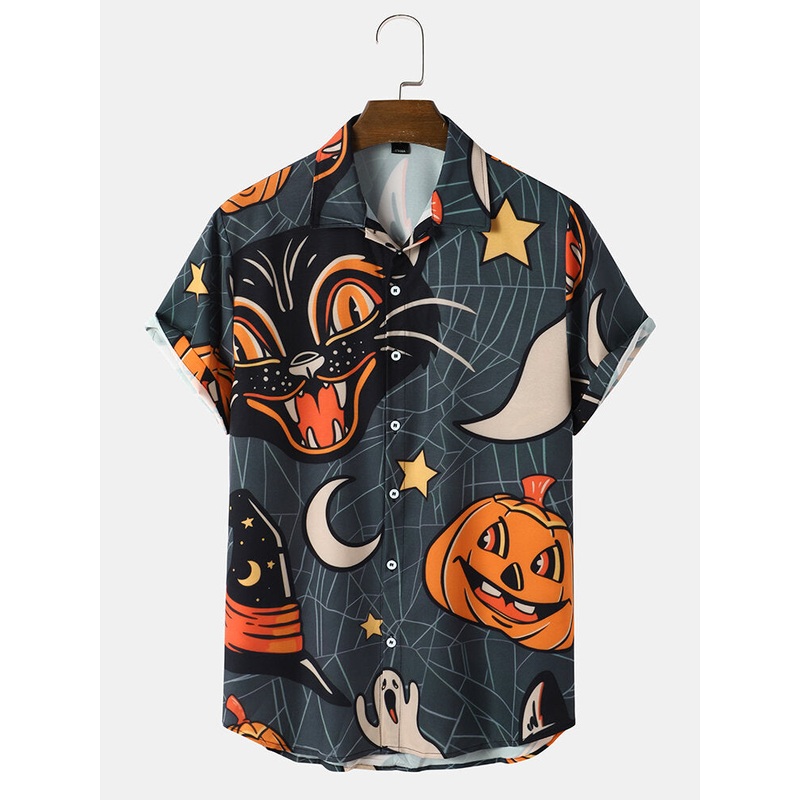 Mens Halloween Pumpkin Full Printed Cat Short Sleeve Casual Shirt