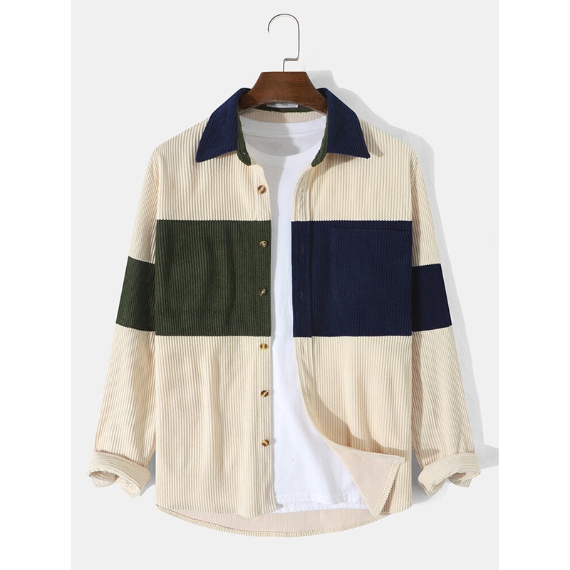 Mens Hit Color Corduroy Single Pocket Long Sleeve Casual Shirts
