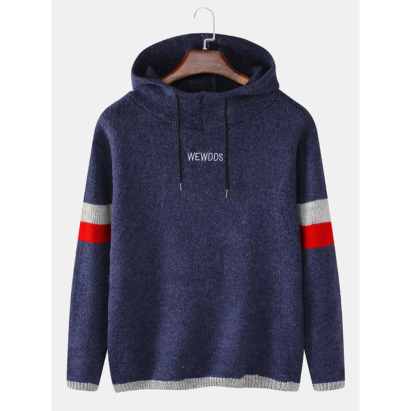 Mens Letter Embroidery Knitted Long Sleeve Hooded Sweaters