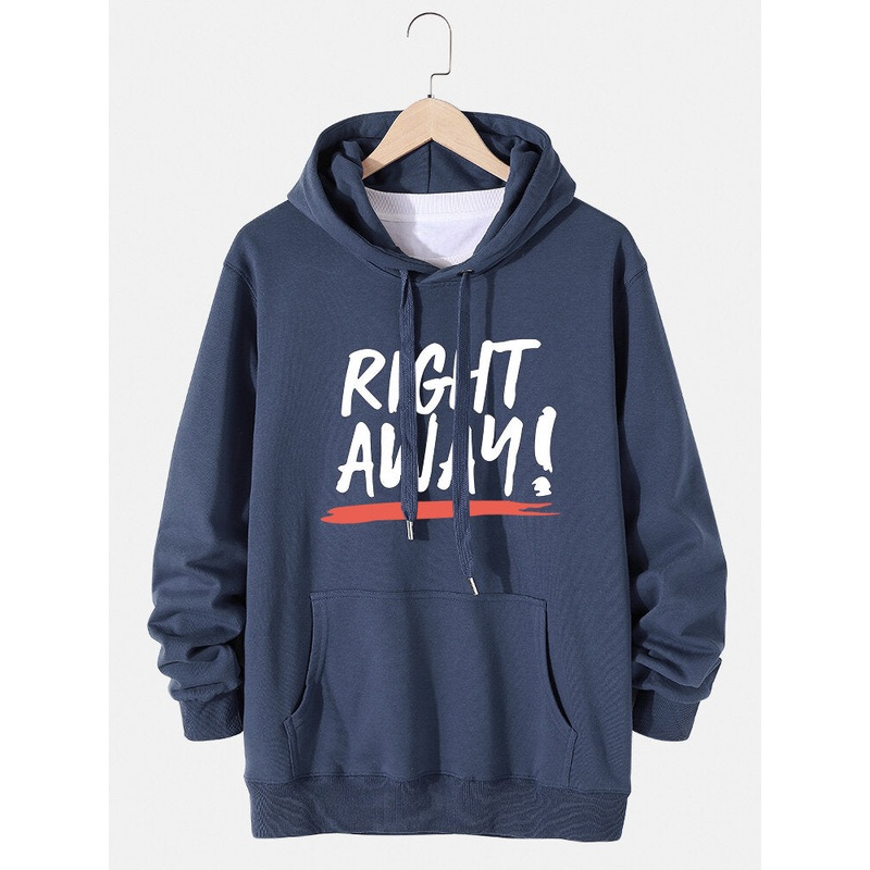 Mens Letter Slogan Print Cotton Drawstring Hoodies With Kangaroo Pocket