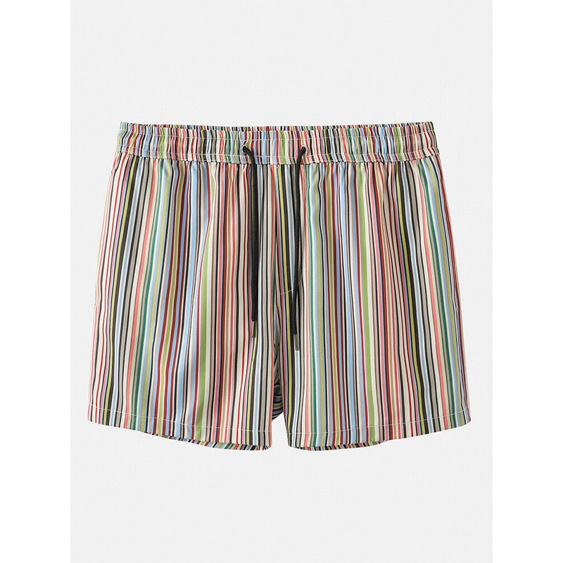 Mens Multicolor Striped Pocket Holiday Casual Drawstring Board Shorts