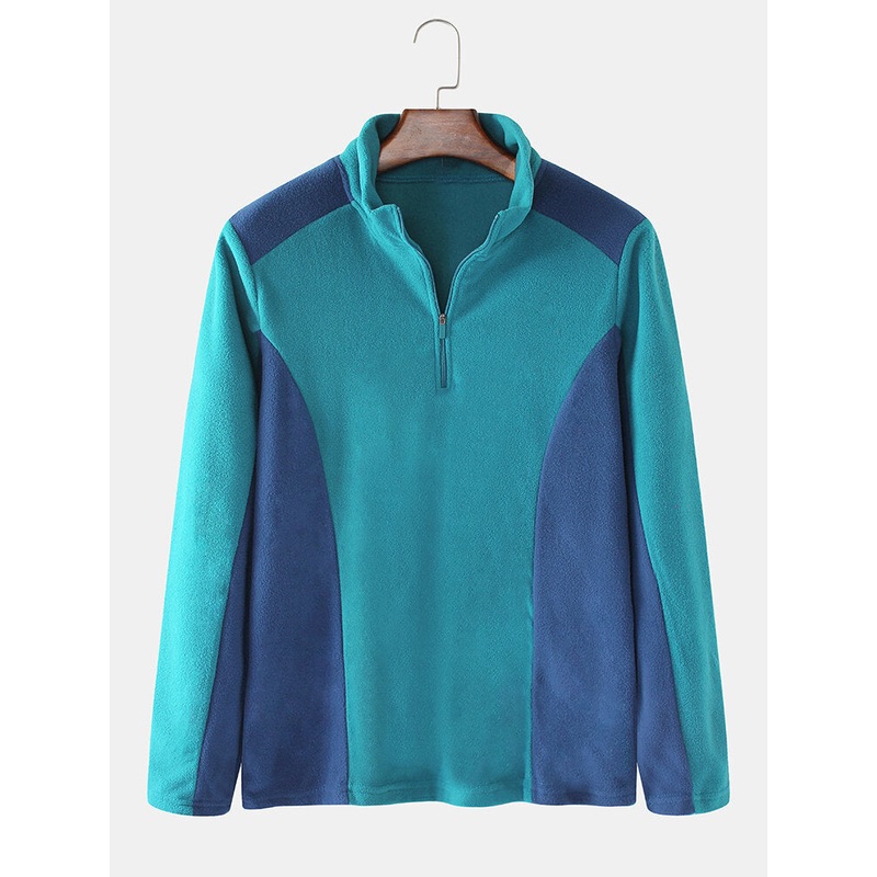 Mens Patchwork Half Zipper Front Warm Fleece Pullover Long Sleeve Sweatshirts