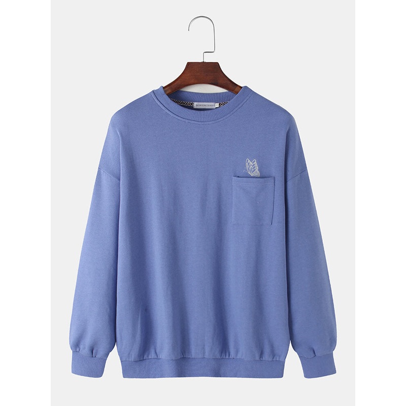 Mens Print Chest Pocket Pullover Round Neck Casual Sweatshirts
