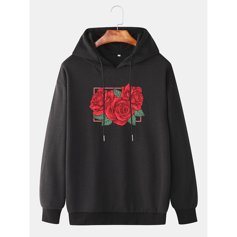 Mens Rose Graphic Printed Drop Sleeve Casual Drawstring Hoodies