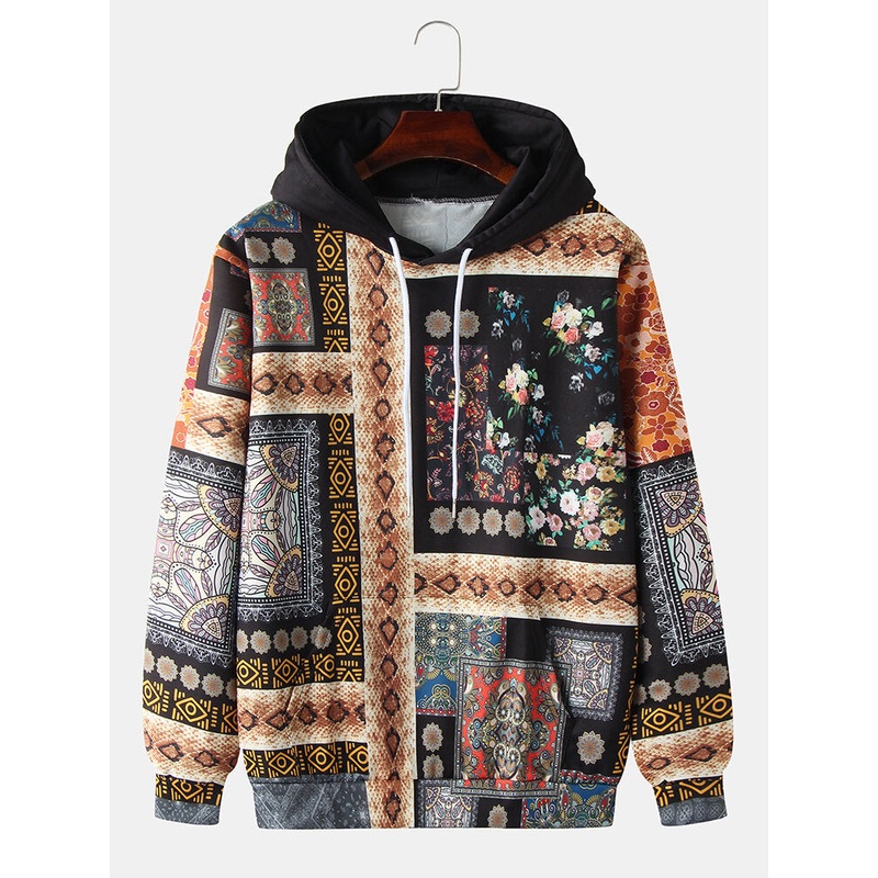 Mens Snake-Skin Ethnic Style Print Long Sleeve Vintage Hoodies With Kangaroo Pocket