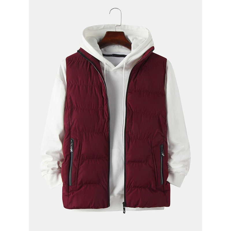 Mens Solid Color Sleeveless Warm Thicken Padded Gilet Vest With Pocket