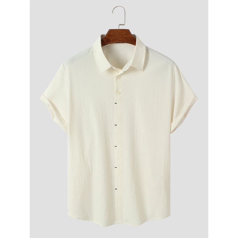 Mens Solid Color Textured Lapel Daily Short Sleeve Shirts