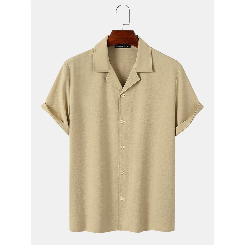 Mens Solid Color Textured Revere Collar Daily Short Sleeve Shirts