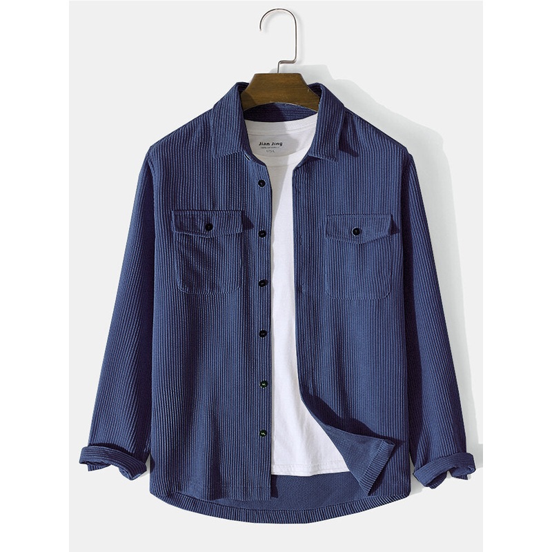 Mens Solid Double Pocket Corduroy Casual Long Sleeve Shirts