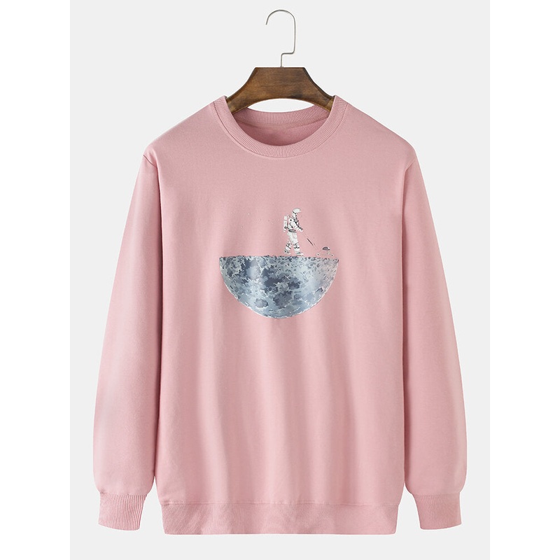 Mens Space Astronaut Printing Cotton Crew Neck Casual Sweatshirts