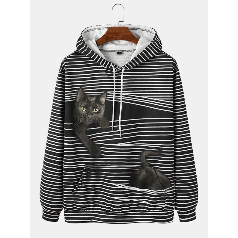 Mens Stripe Black Cat Print Long Sleeve Hoodies With Pocket