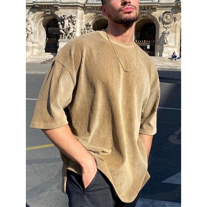 Mens Striped Corduroy Crew Neck Workout Summer Casual T-Shirt