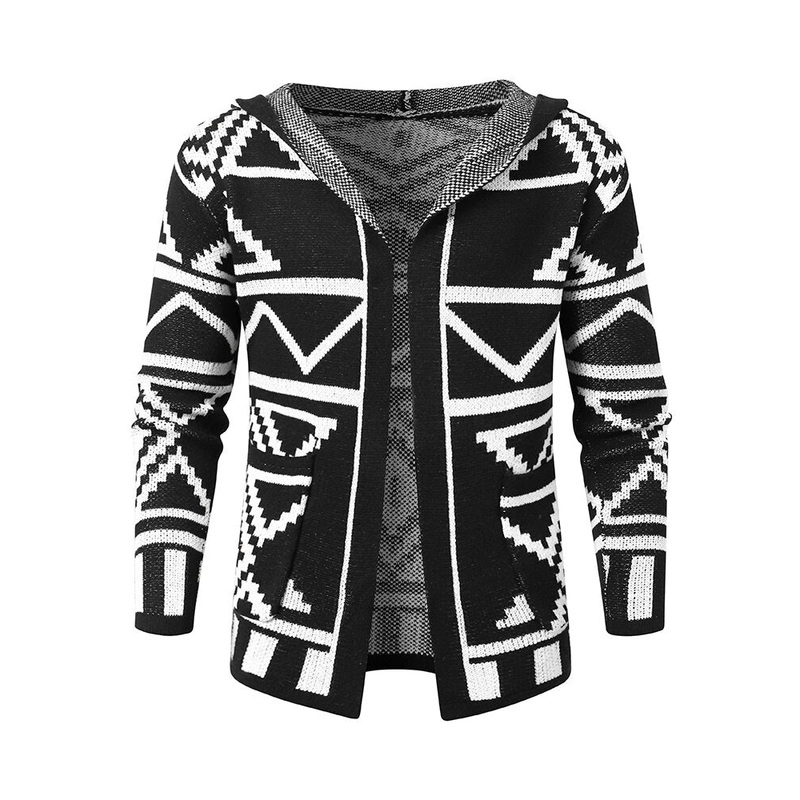 Men Knitted Hooded Sweater Mid-length Jacquard Cardigans