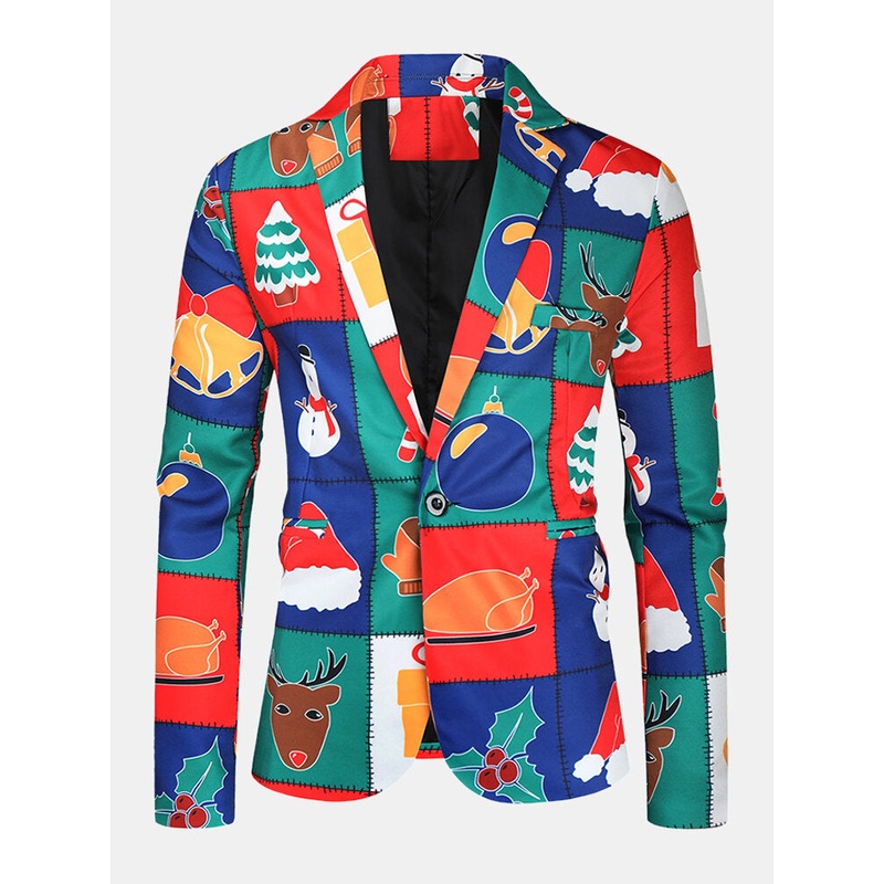 Mens Cartoon Christmas Element Print Single-Breasted Party Funny Blazer
