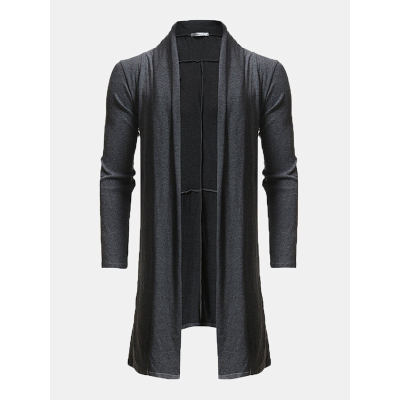 Mens Casual Solid Color Irregular Hem Mid Long Jacket Draped Woollen Cardigans