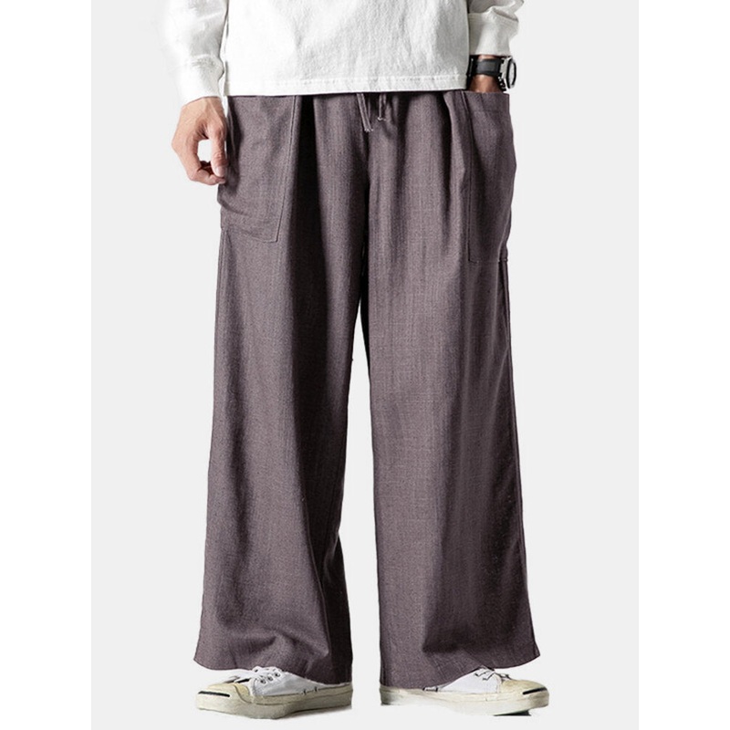 Mens Chinese Style Linen Casual Straight Leg Baggy Wide Leg Pants