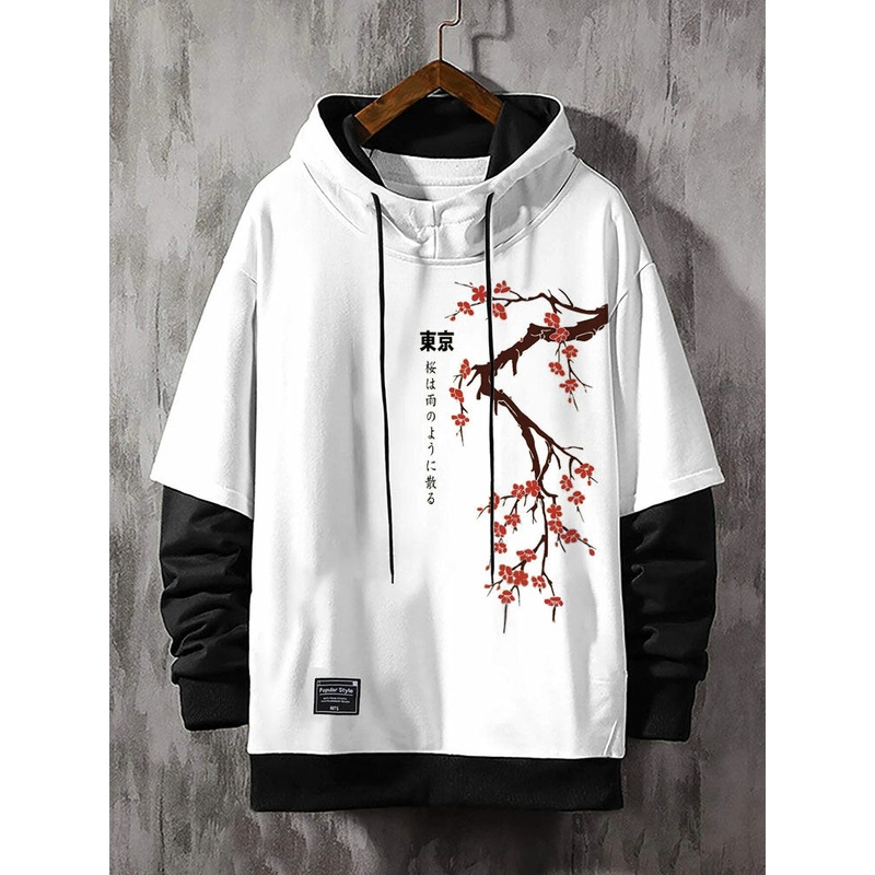 Mens Japanese Cherry Blossoms Print Contrast Patchwork Drawstring Hoodies
