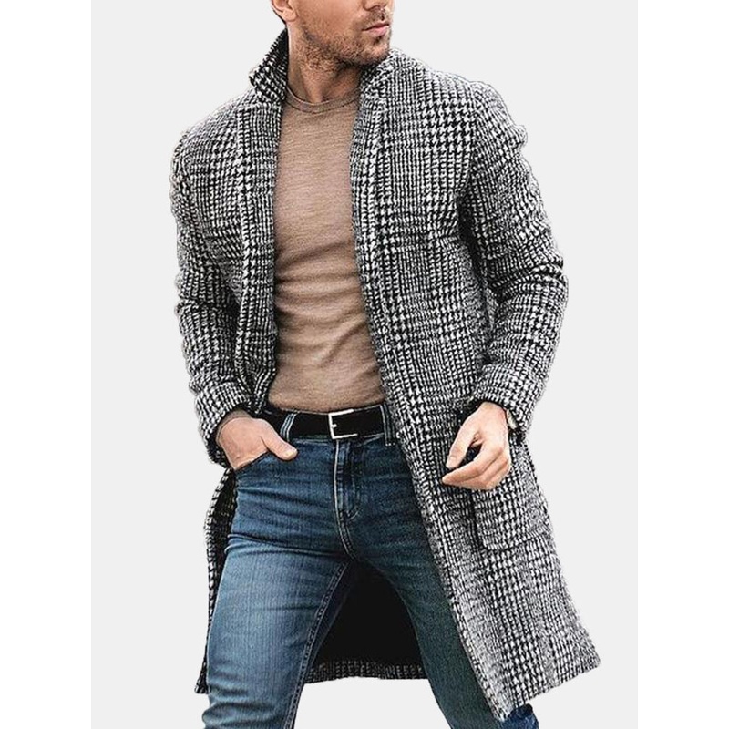 Mens Plaid Black White Big Pockets Turn Down Collar Mid Long Trench Coats