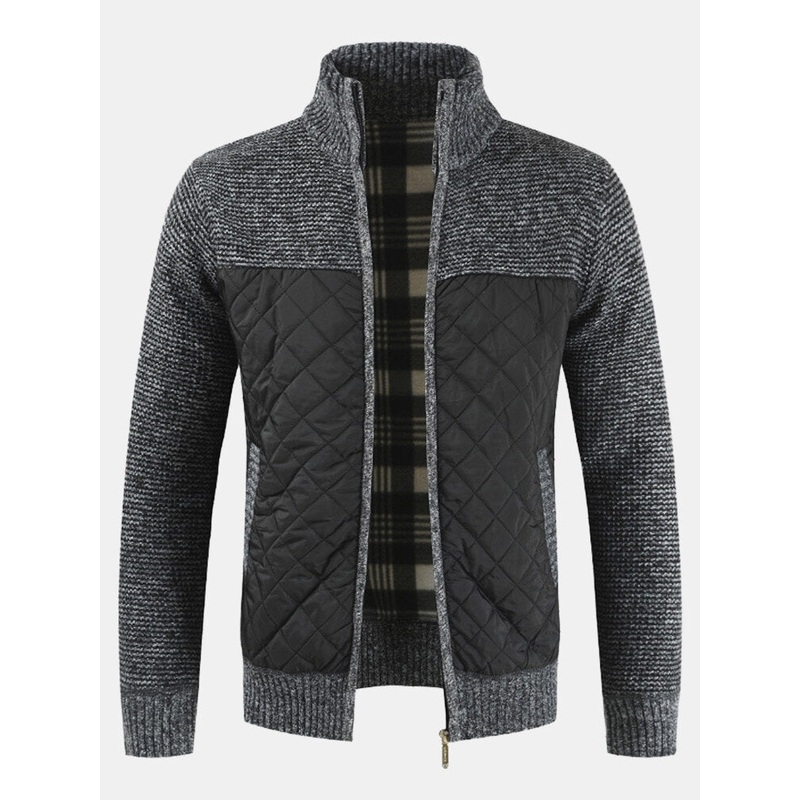 Mens Winter Casual Fleece Thick Stitching Knitted Coats Stand Collar Warm Jacket