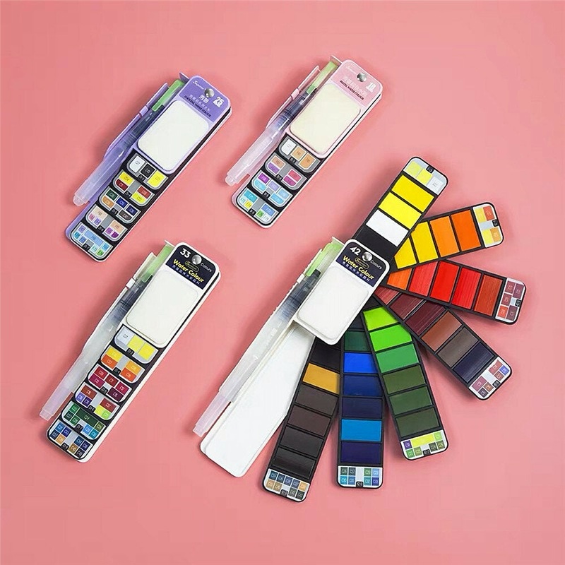 Superior 18/25/33/42 Color Solid Watercolor Paint Set Foldable Palette With Water Brush Pen Drawing Sketching Watercolor Pigment