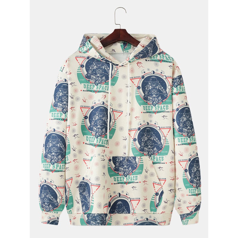 Astronaut Print Long Sleeve Kangaroo Pocket Hoodies For Men