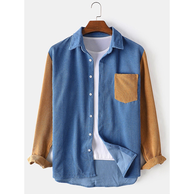 Corduroy Solid Color Patchwork Chest Pocket Long Sleeve Shirts For Men
