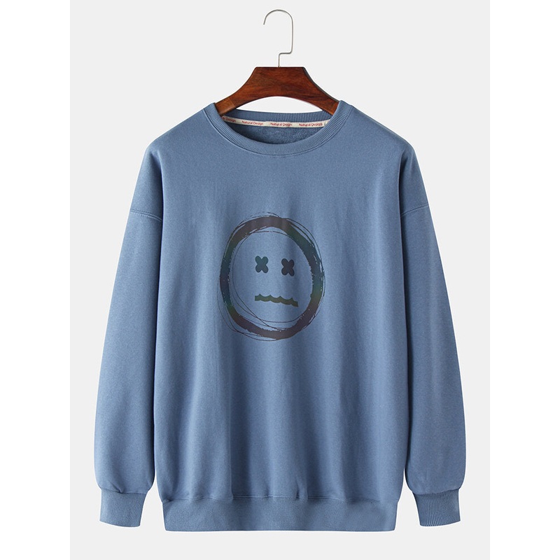 Cotton Mens Design Reflective Emojis Print Pullover Drop Shoulder Long Sleeve Sweatshirts