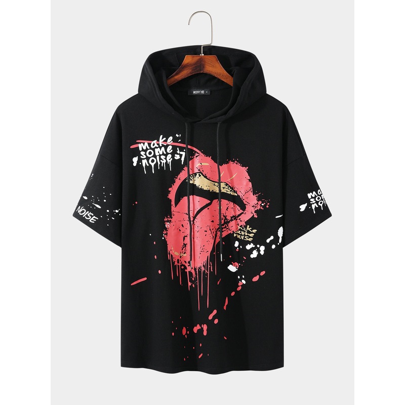 Men 100% Cotton Lip And Letter Graffiti Hooded Leisure Short Sleeve T-Shirt