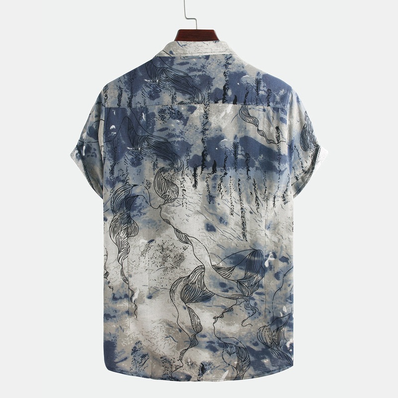 Men Abstract Printed Short Sleeve Turn Down Collar Casual Shirts