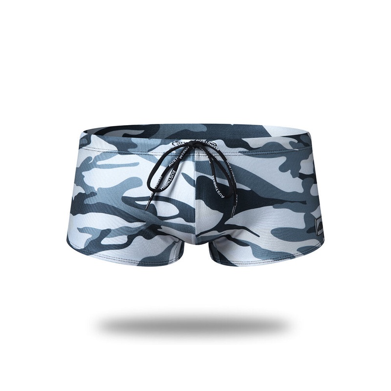 Men Camo Swimwear Pouch Design Nylon Drawstring Quick Dry Ealstic Swimming Trunks