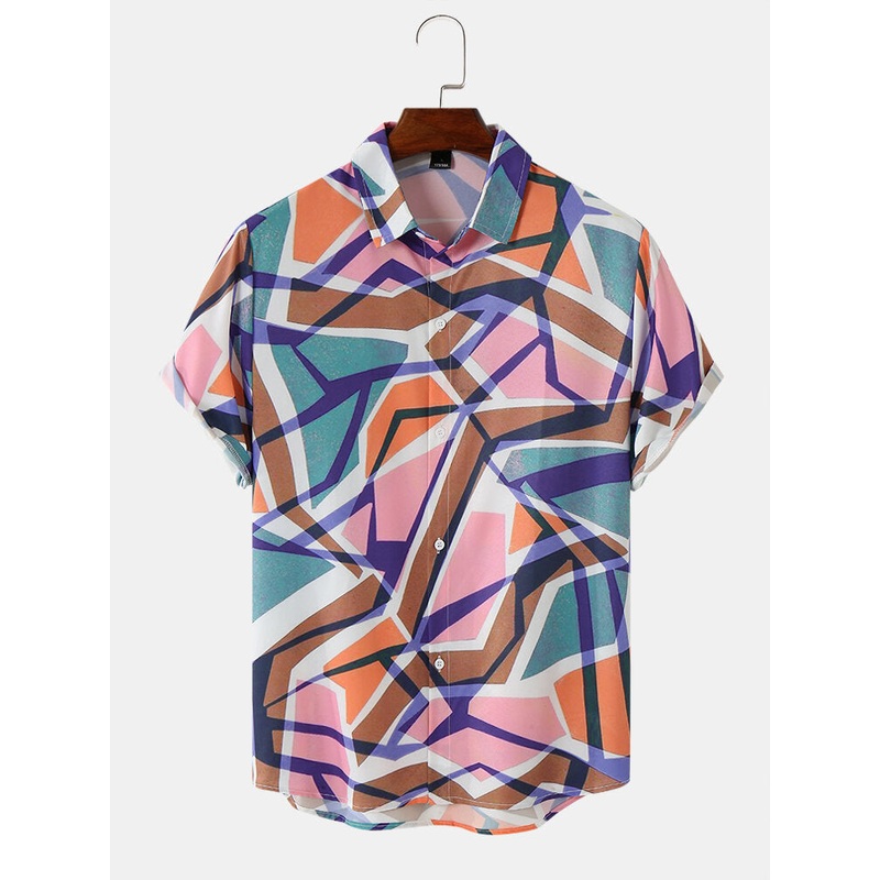 Men Geometric Multi Color Print Short Sleeve Casual Shirts