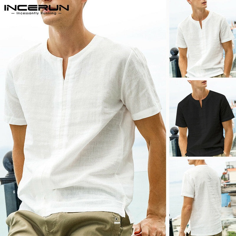 Men’s Soft Linen Cotton Short Sleeve V-Neck T-shirt Tops Blouse Tee Casual Summer
