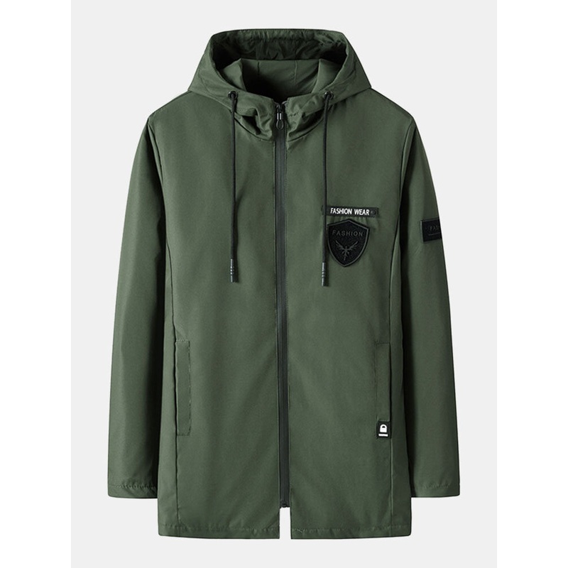 Men Solid Letter Drawstring Zipper Thick Warm Mid Long Coats