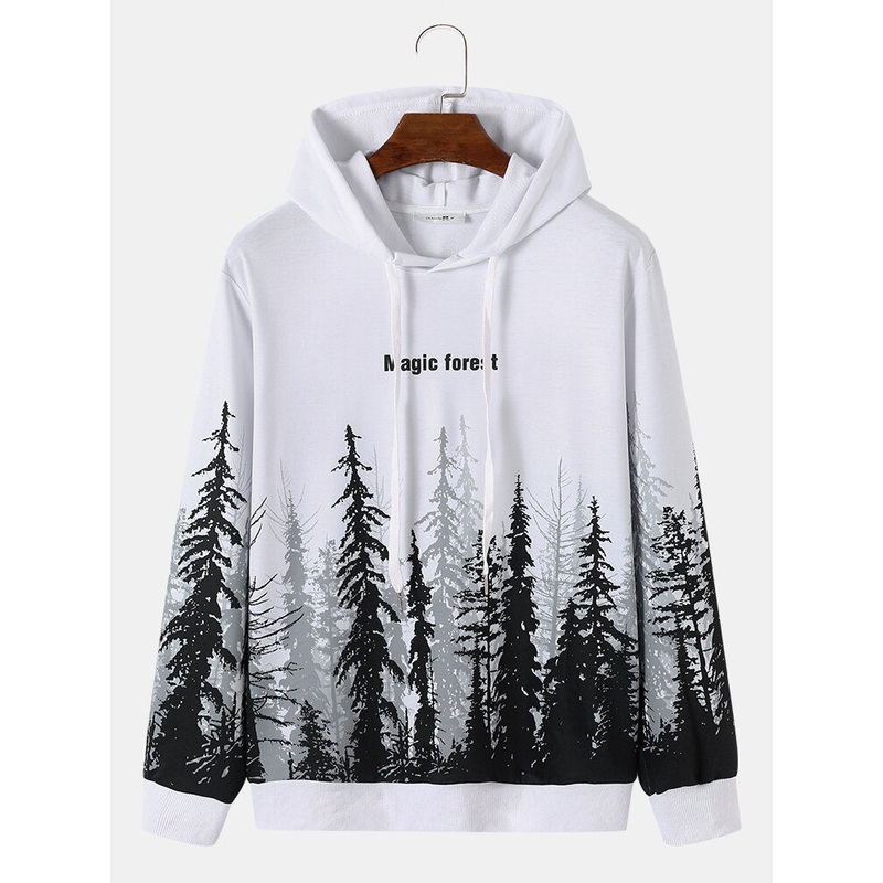 Men Street Landscape Trees Letter Character Pullover Hooded Sweatshirt