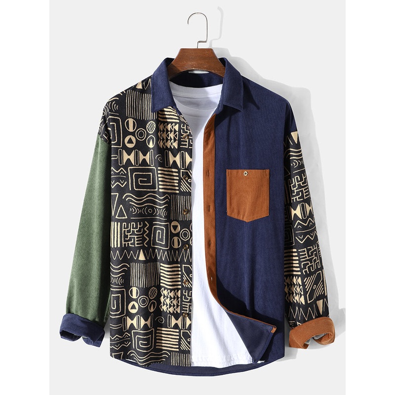 Men Tribal Pattern Two Tone Long Sleeve Front Buttons Shirts