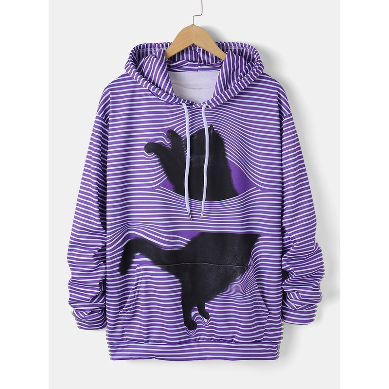 Mens 3D Striped Cat Print Daily Loose Drawstring Pullover Hoodie