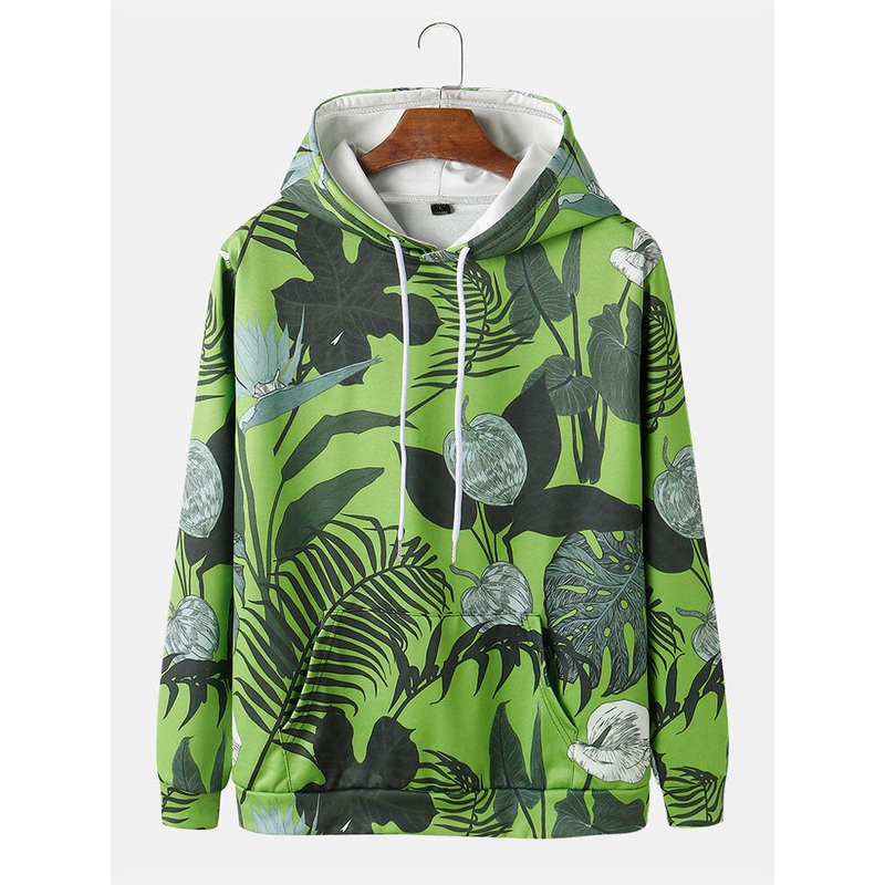 Mens All Over Tropical Plant Print Drawstring Hoodies With Kangaroo Pocket