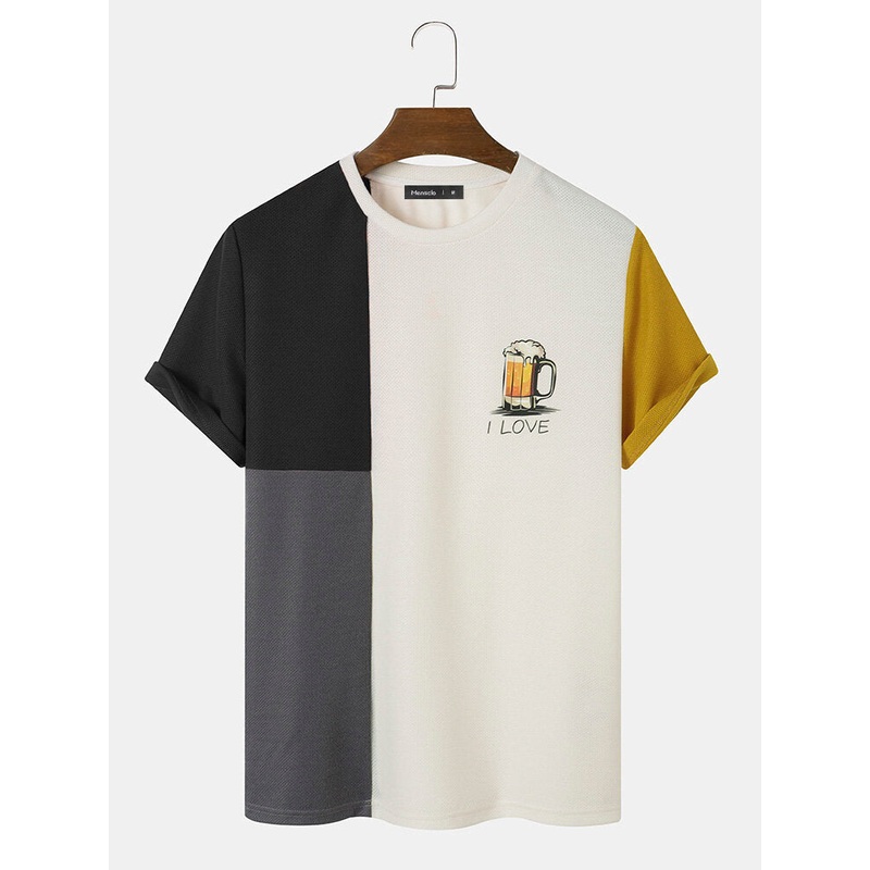 Mens Beers Print Color Block Patchwork Knit Short Sleeve T-Shirts