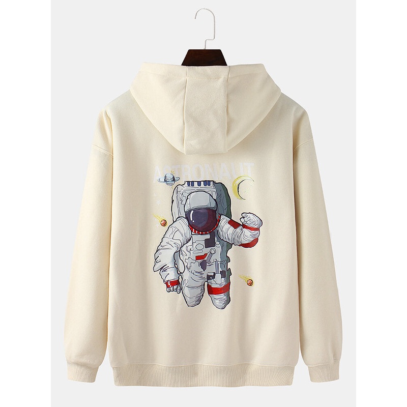 Mens Cartoon Astronaut Back Print Drop Shoulder Kangaroo Pocket Hoodies