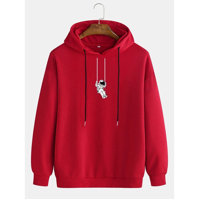Mens Cartoon Astronaut Graphic Print Solid Drawstring Pullover Hoodie